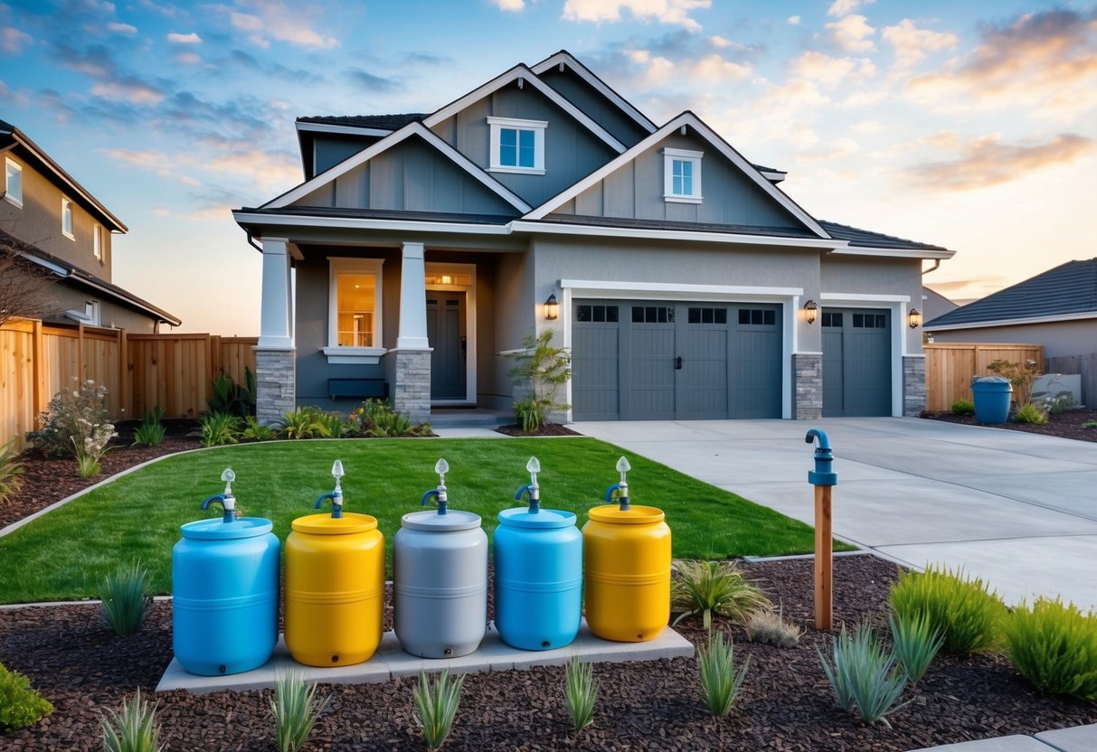 A house with updated water-saving fixtures, rain barrels, and a drought-resistant garden