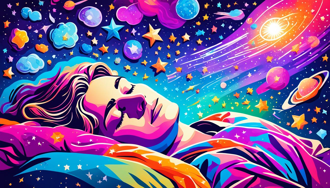 A person sleeping peacefully in bed, with a thought bubble above their head filled with stars and galaxies. On one side of the thought bubble, show their dreams coming to fruition in bright, vibrant colors and on the other side, show them taking action towards those dreams in their daily life. The person should be surrounded by symbols of manifestation, such as crystals, vision boards, and affirmations.