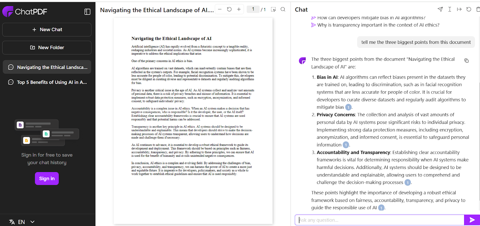 ChatPDF review: A screenshot of a PDF summarization with ChatPDF