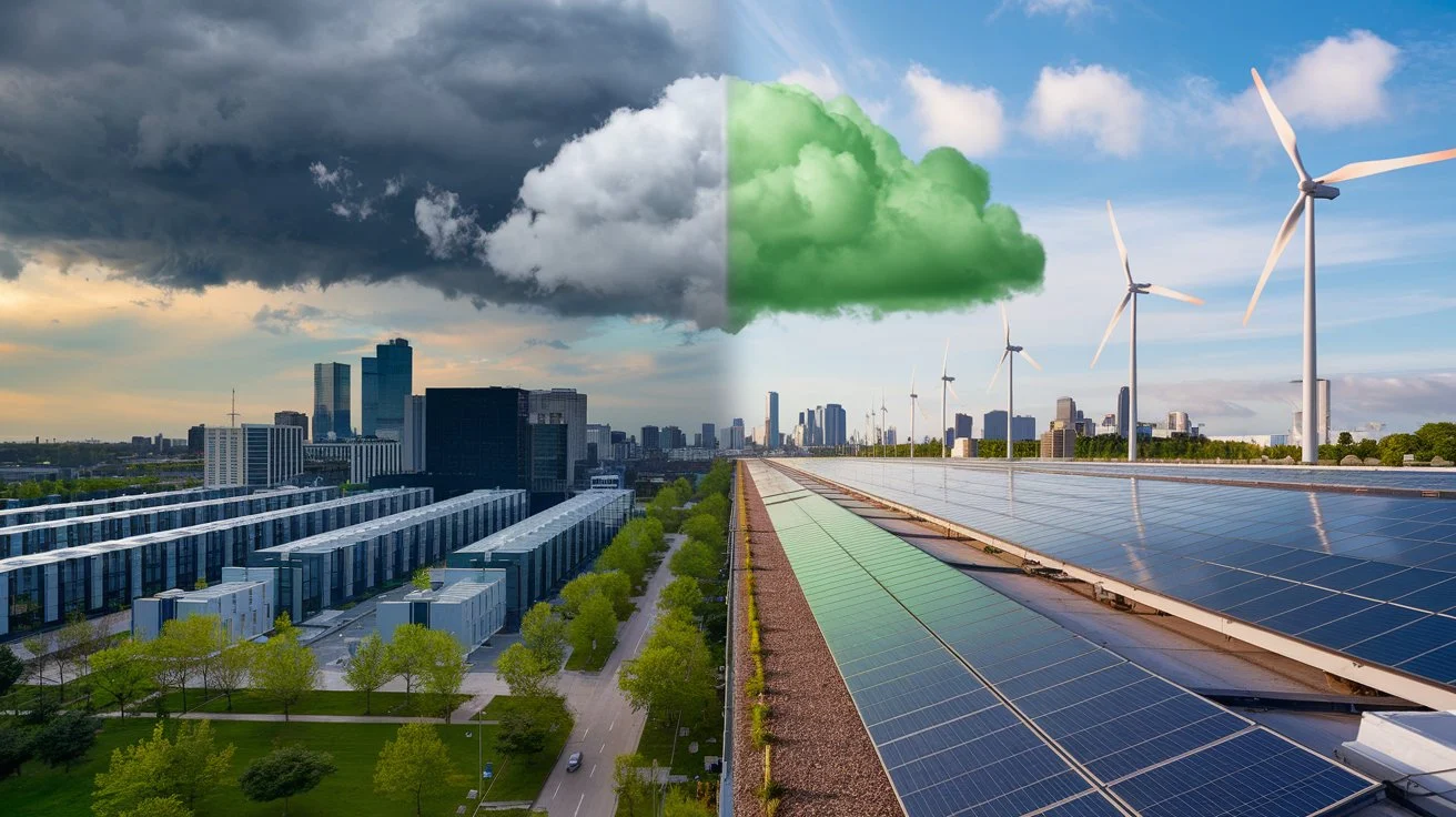 A comparison between traditional and green cloud data centers, highlighting carbon emission reductions