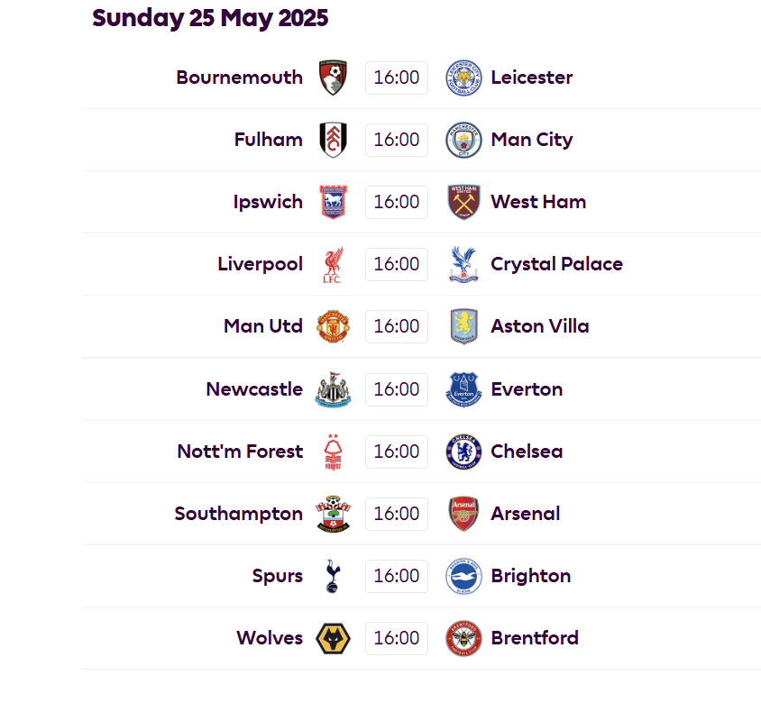 A screenshot of a football match schedule  AI-generated content may be incorrect.