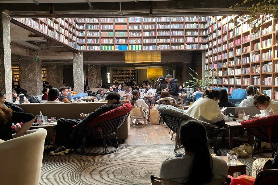 Large space with a giant bookshelf