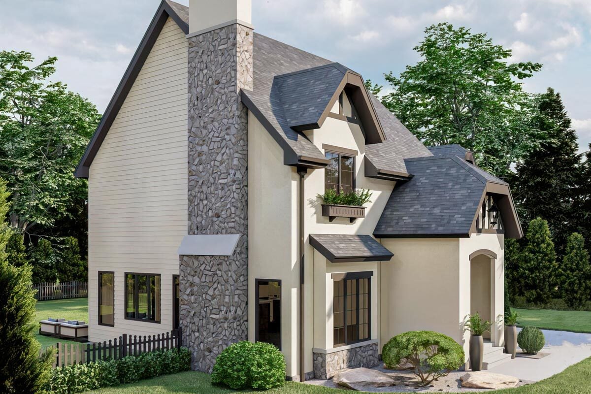 Left rendering of the 3-bedroom two-story European cottage.
