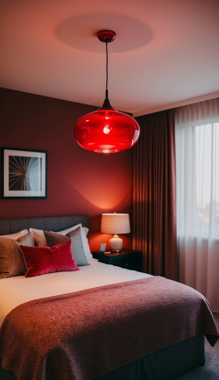 A cozy bedroom with a ruby pendant light casting a warm red glow over the room, creating a romantic and inviting atmosphere