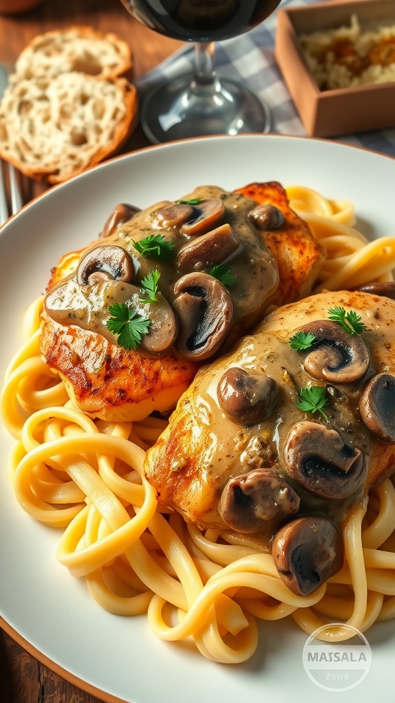 Plated Chicken Marsala with creamy mushroom sauce, alongside fettuccine, garnished with parsley.
