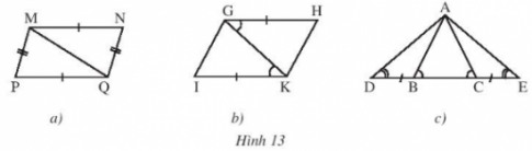 CHƯƠNG 8: TAM GIÁCBÀI 2: TAM GIÁC BẰNG NHAU1. HAI TAM GIÁC BẰNG NHAUBài 1: Dùng kéo cắt một tờ giấy thành hình tam giác ABC. Đặt tam giác ABC lên tờ giấy thứ hai. Vẽ và cắt theo các cạnh của tam giác ABC thành tam giác A B'C'. Hãy so sánh các cạnh và các góc của hai tam giác ABC và A'B'C'.Đáp án chuẩn: AB = A'B'; AC = A'C'; BC = B'C'A=A' ; B=B';C=C' .Thực hành 1: Quan sát hình 4. Hai tam giác ABC và MNP có bằng nhau không? Hãy chỉ ra các cặp góc và các cặp cạnh tương ứng bằng nhauĐáp án chuẩn: AB = MN; AC = MP; BC = NP.A=M; B=N; C=PVận dụng 1: Trong Hình 5, cho biết △GHI=△MNP. Hãy tính số đo góc M và độ dài cạnh GI.Đáp án chuẩn: GI = 5 cm2. CÁC TRƯỜNG HỢP BẰNG NHAU CỦA HAI TAM GIÁCBài 2: Cho tam giác ABC như trong Hình 6a. Lấy một tờ giấy, trên đó vẽ tam giác A'B'C' có ba cạnh bằng ba cạnh của tam giác ABC theo các bước:- Vẽ đoạn thẳng B'C' = CB- Vẽ cung tròn tâm B' có bán kính bằng BA, vẽ cung tròn tâm C' có bán kính bằng CA- Hai cung tròn trên cắt nhau tại A'- Vẽ các đoạn thẳng B'A', C'A', ta được tam giác A'B'C'(Hình 6b).Em hãy cắt rời tam giác A B'C' ra khỏi tờ giấy vừa vẽ và thử xem có thể đặt chồng khít tam giác A'B'C' lên tam giác ABC hay không. Theo em hai tam giác ABC và A'B'C' trong trường hợp này có bằng nhau hay không?Đáp án chuẩn: hai tam giác ABC và A'B'C' trong trường hợp này bằng nhau.Bài 3: Cho tam giác ABC như trong Hình 8a. Lấy một tờ giấy, trên đó vẽ tam giác A'B'C' có B=B', B'A' = BA, B'C' = BC theo các bước:- Vẽ  xB'y =  ABC- Trên tia B'x lấy đoạn B'A' = BA- Trên tia B'y lấy đoạn B'C' = BC- Vẽ đoạn A'C', ta được tam giác A'B'C' (Hình 8b)Em hãy cắt rời tam giác A'B'C' ra khỏi tờ giấy vừa vẽ và thử xem có thể đặt chồng khít tam giác A'B'C' lên tam giác ABC hay không? Theo em, hai tam giác ABC và A'B'C' trong trường hợp này có bằng nhau hay không? Đáp án chuẩn: hai tam giác ABC và A'B'C' trong trường hợp này bằng nhau.Bài 4: Cho tam giác ABC như trong Hình 8a. Lấy một tờ giấy, trên đó vẽ tam giác A'B'C' có Bˆ=B′ˆ, B'A' = BA, B'C' = BC theo các bước:- Vẽ đoạn thẳng B'C