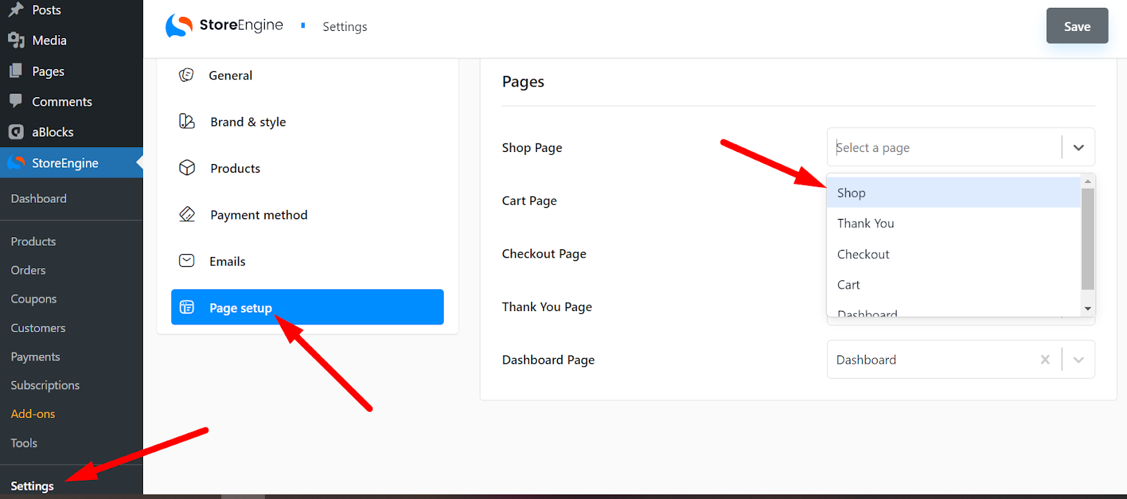 Shop Page setup