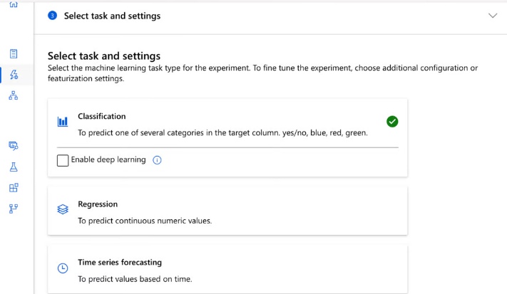 Select task and settings