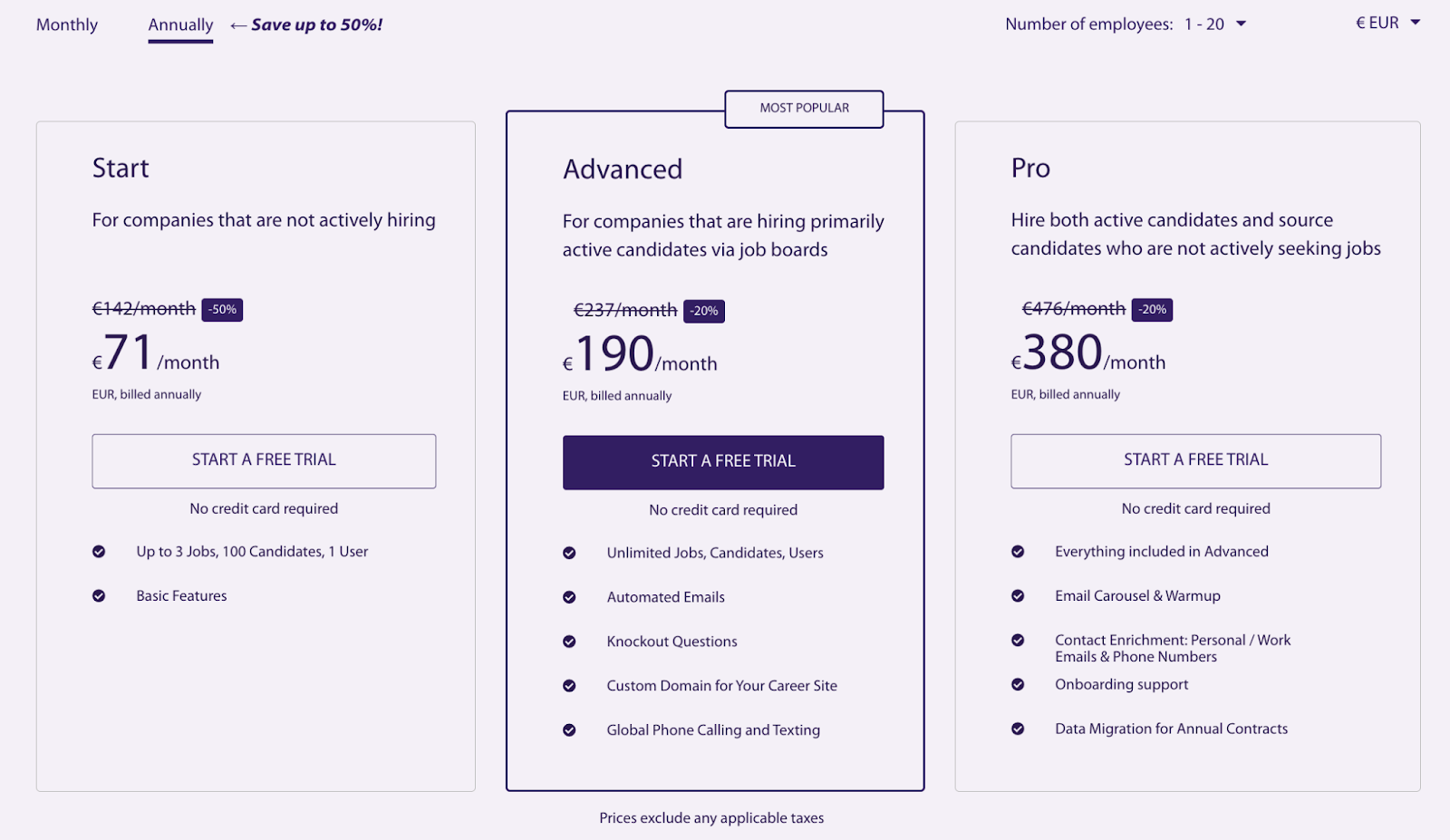 Screenshot of 100Hires pricing plans displayed in three tiers.