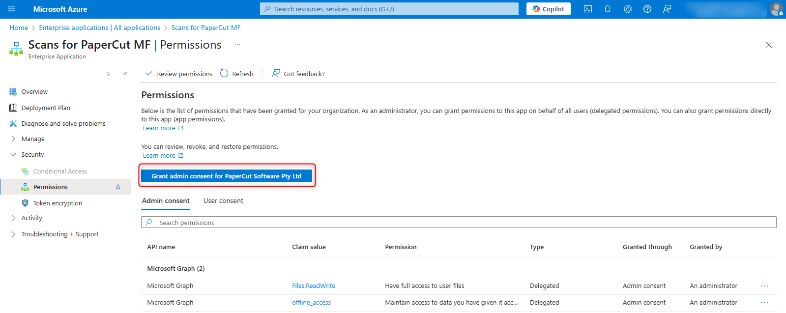 The Scans for PaperCut MF Permissions screen in Azure, with a red box highlighting the ‘Grant admin consent’ button.