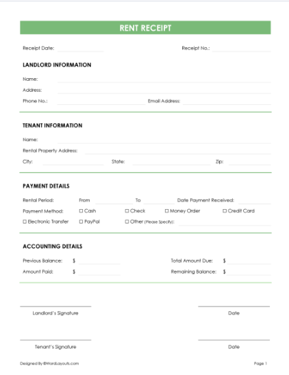 Customizable Rent Receipt Template by WordLayouts