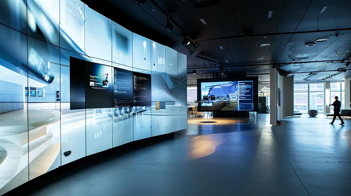 a modern office space featuring a large screen displaying an interactive user-focused responsive layout prototype, with sleek furniture, engaging visual elements, and clear typography that invites collaboration and innovation.