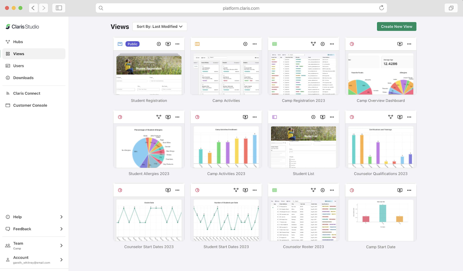 A layout of Claris Studio showing the design of the application. The user is able to see an overview of their projects with a help and navigation dock on the left side of the screen.