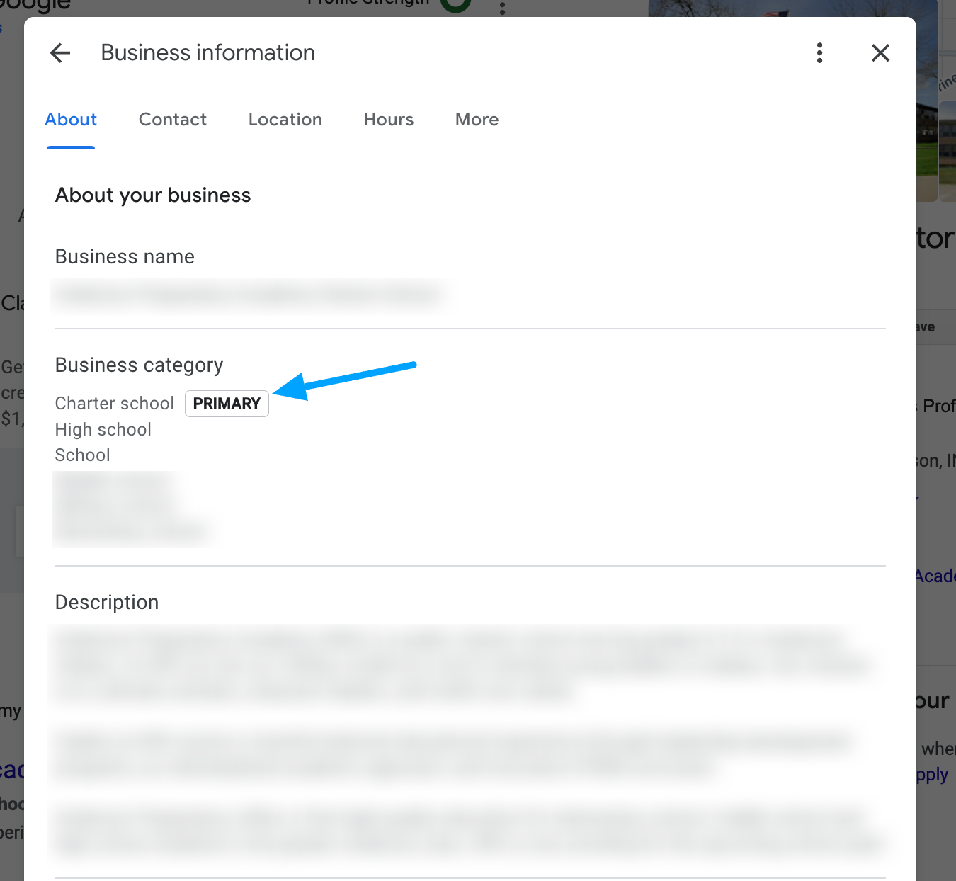 set your school's category in google business profile