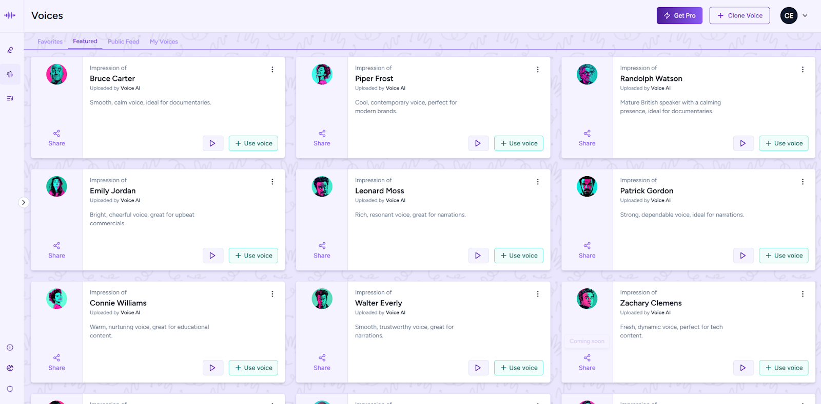 Voice AI app displaying featured voices with preview and use options.