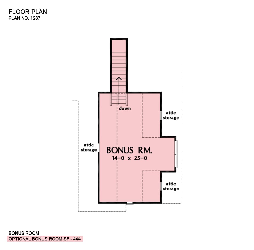Bonus level floor plan with attic storage and a staircase leading down the main floor.