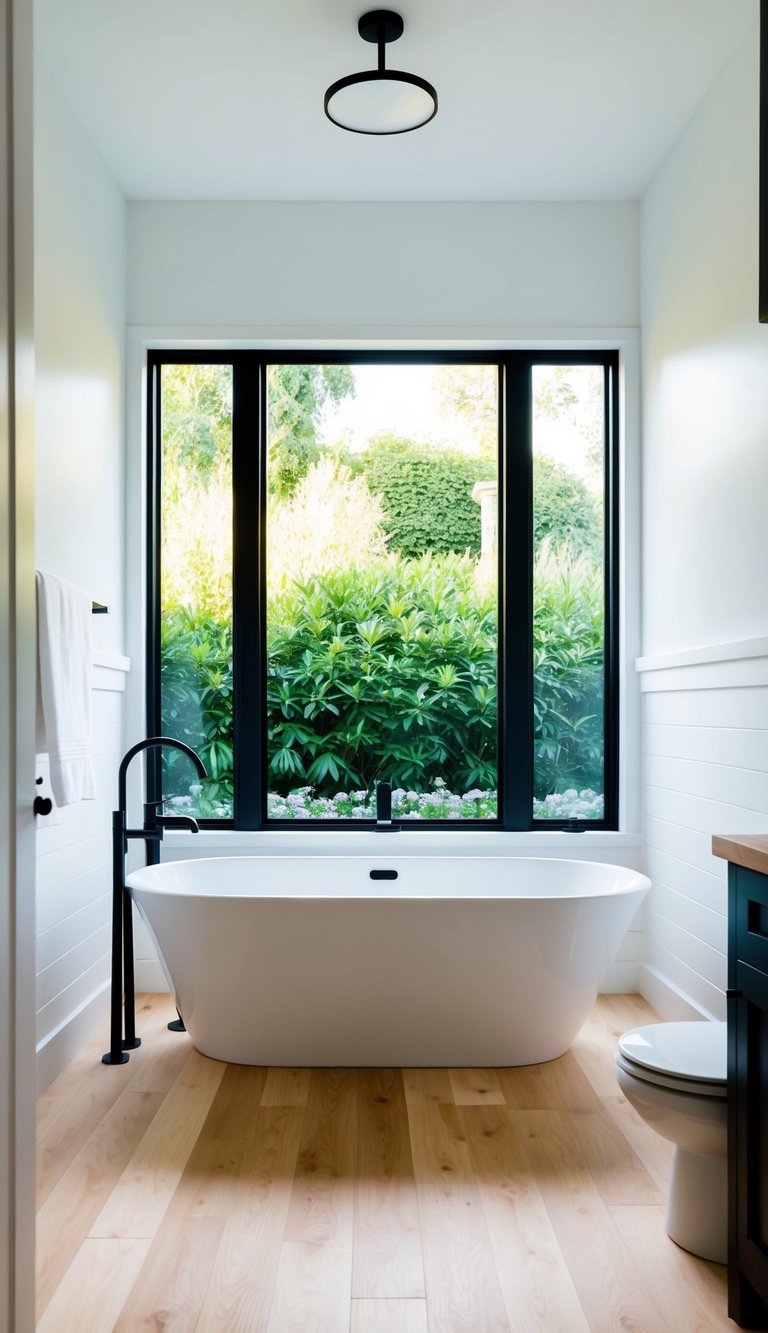 A bright, modern bathroom with shiplap baseboards, a freestanding bathtub, and a large window overlooking a lush garden