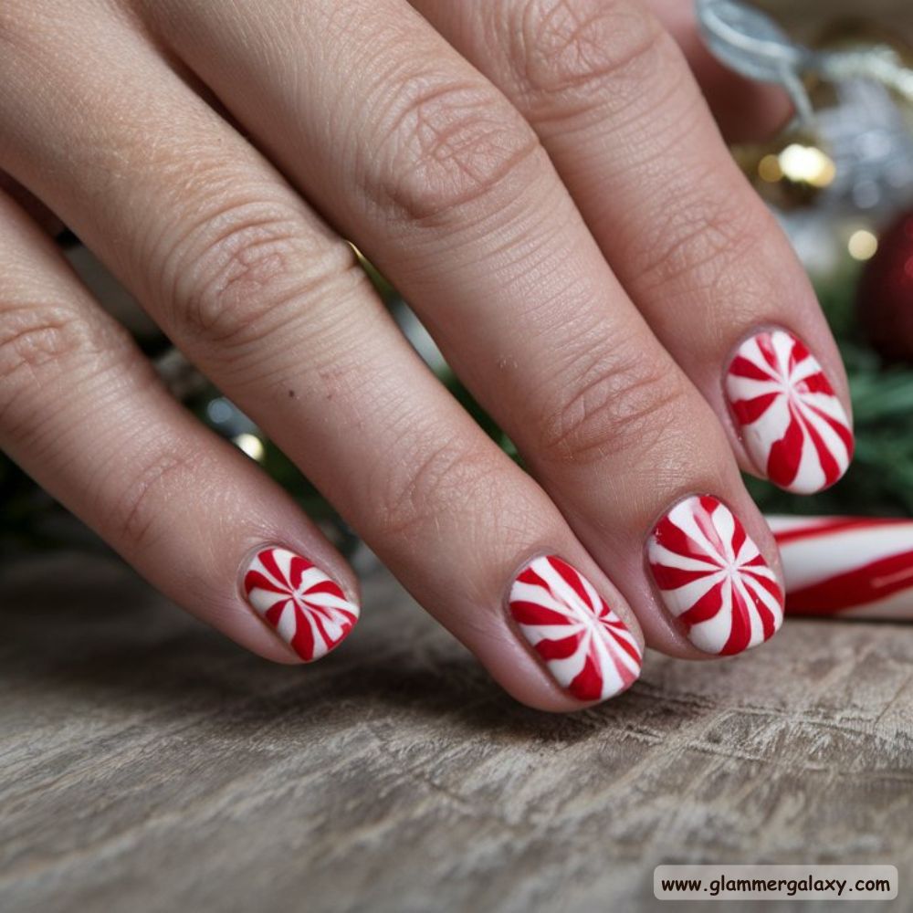 Short Christmas Nails having Candy Cane Designs