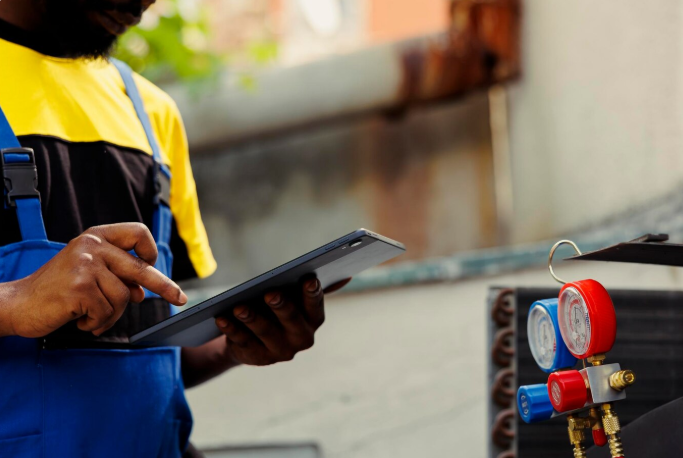 Technicien en tenue de travail effectuant un contrôle HAP à l’aide d’une tablette à proximité d’un appareil de mesure en extérieur.