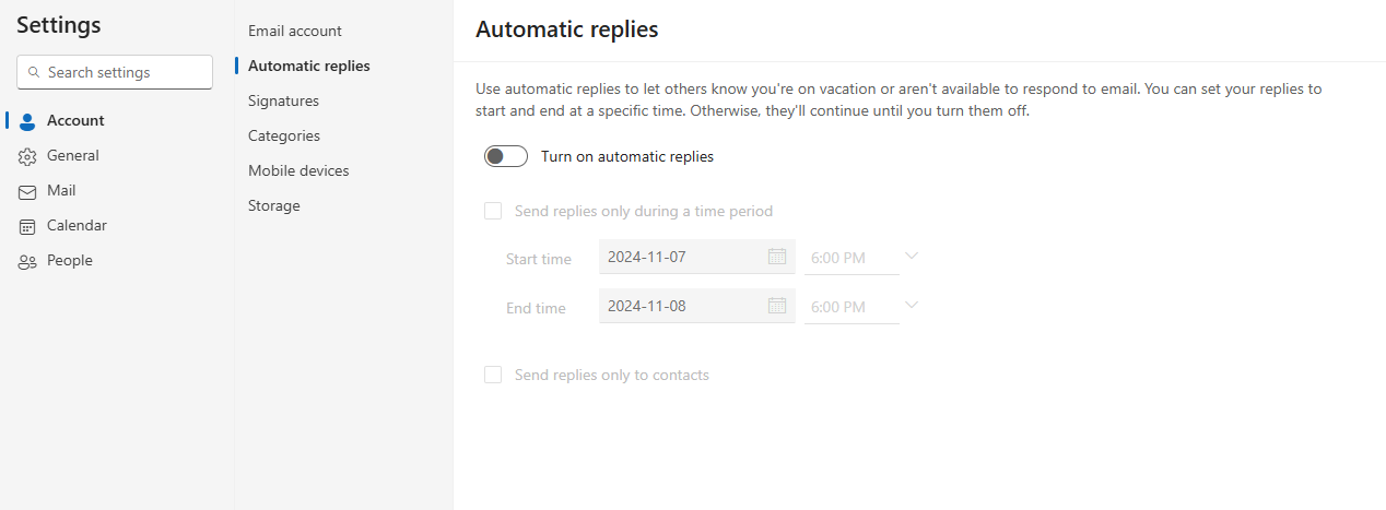 This extent of automatic replies within Outlook are standard "out of office" prompts. 