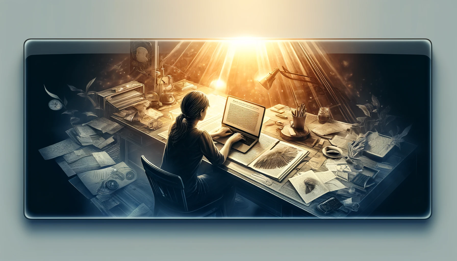 A digital illustration of a writer working on a laptop at a cluttered desk, surrounded by papers, books, and sketches. Warm sunlight streams in, illuminating the workspace, and contrasting with the darker, vintage-inspired elements. The image symbolizes creativity, research, and the writing process.