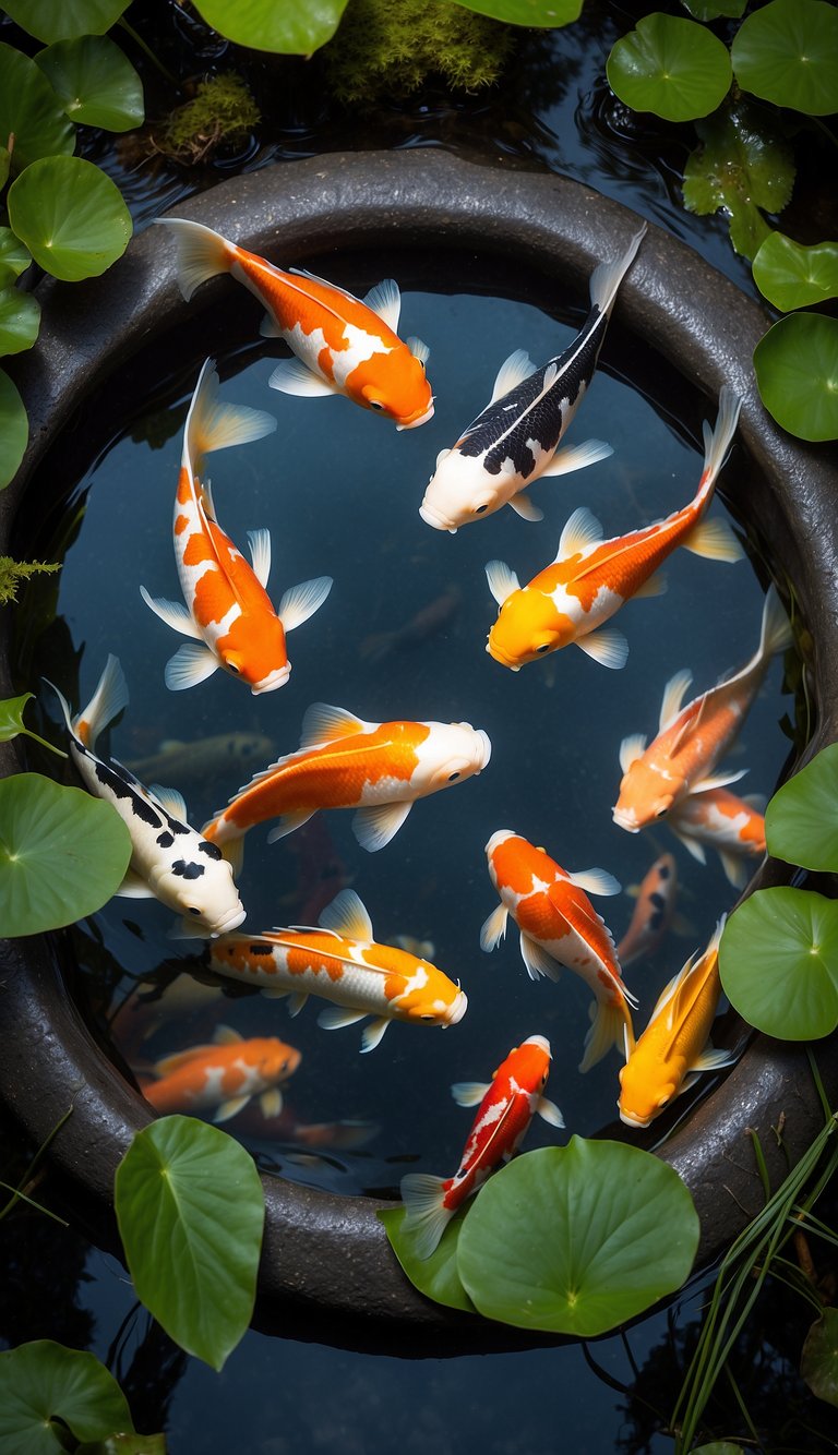 Colorful koi fish swarm around a floating feeding ring in a serene pond, surrounded by lush greenery and vibrant aquatic plants