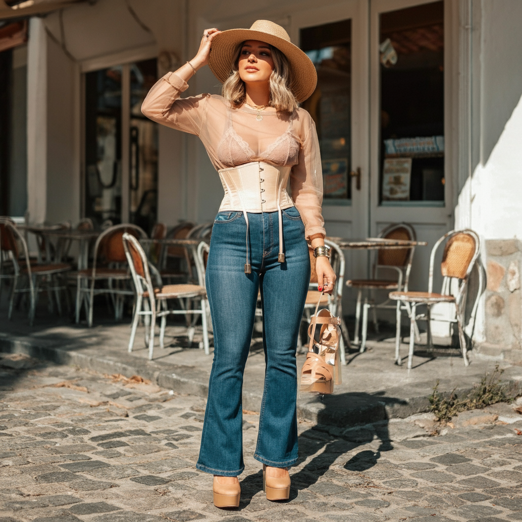 Sheer top, corset belt, and flare jeans outfit