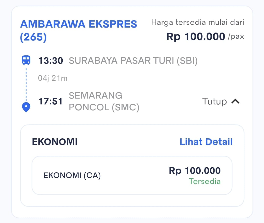 Harga Tiket KA Ambarawa Ekspres (265) Surabaya Pasar Turi (SBI) – Semarang Poncol (SMC)