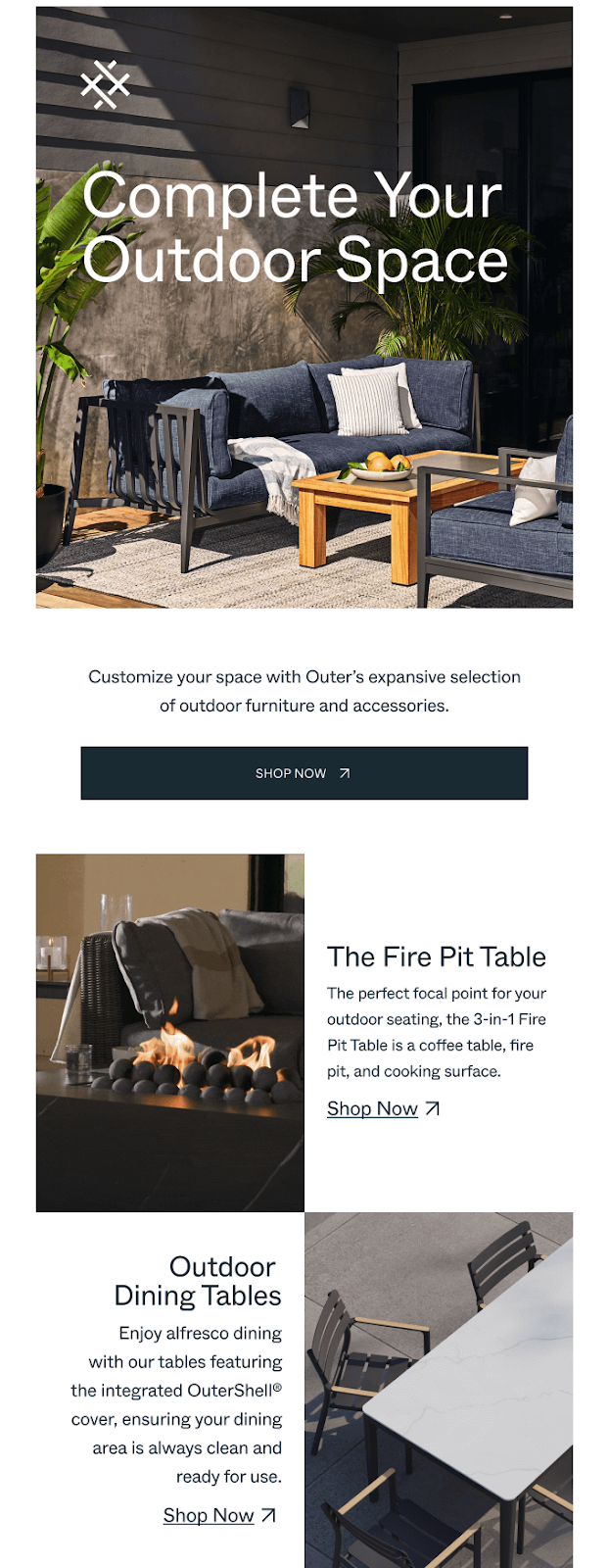 Screenshot of an email from an outdoor furniture and accessories company called Outer. It shows photos of outdoor spaces with sofas, chairs, and fire pits.