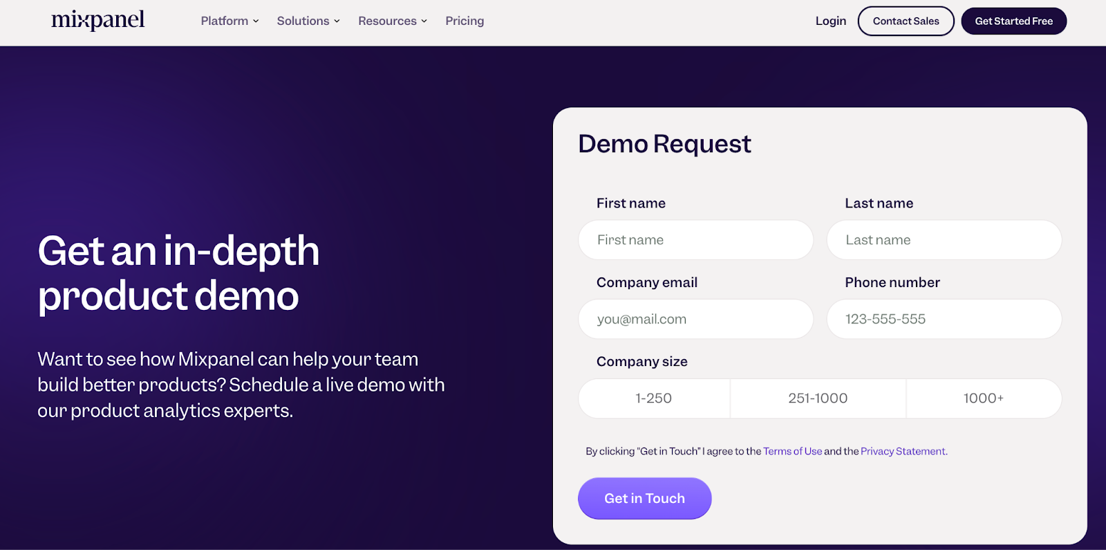 Mixpanel landing page