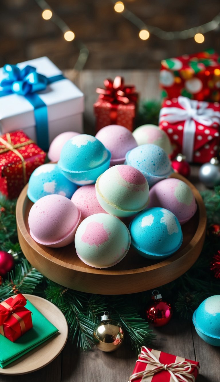 A table filled with colorful handmade bath bombs surrounded by festive decorations and gift wrapping materials