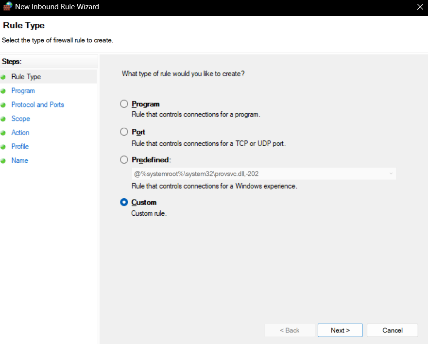 select 'custom' as type of firewall rule to create.