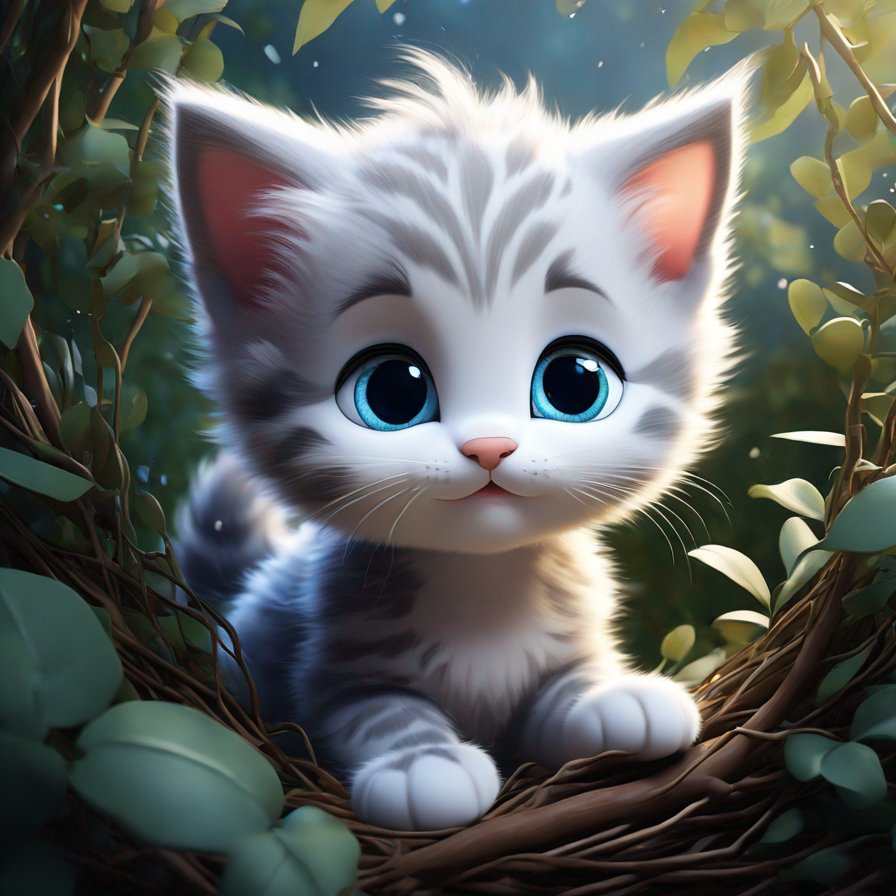 a small, grey and white kitten with blue eyes and fluffy fur, stuck in a bush with twigs and leaves tangled around it.
