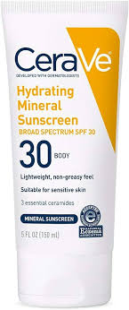 CeraVe Hydrating Mineral Sunscreen SPF 30 for moisturizing and broad-spectrum sun protection