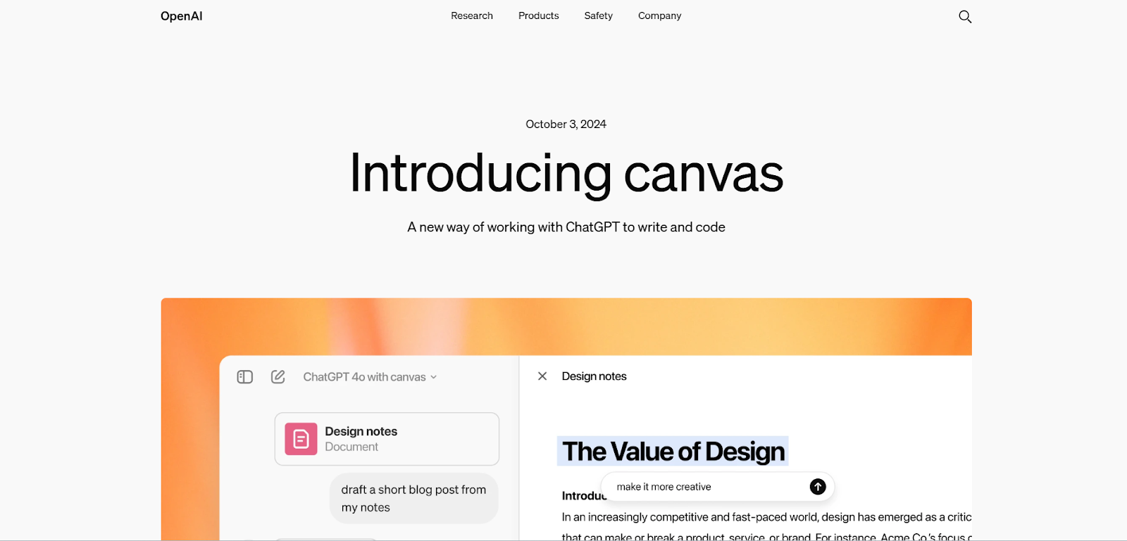 Screenshot of Canvas, one of ChatGPT's newest drafting tools.