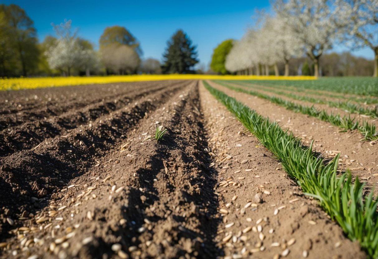 A sunny field with freshly tilled soil, scattered with seeds and surrounded by budding trees and flowers. A clear blue sky overhead