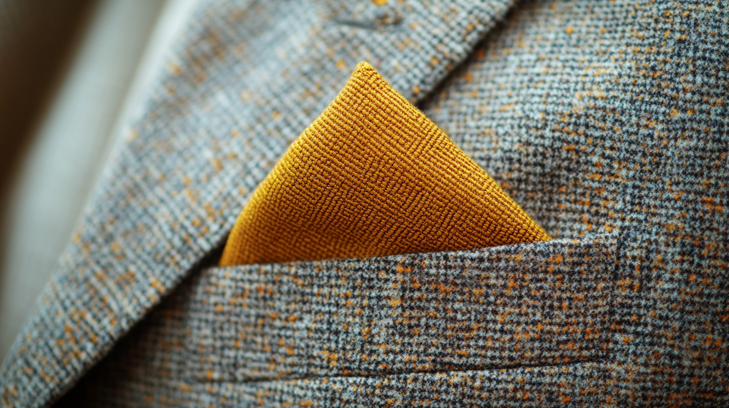 
A close-up of a burnt orange or mustard yellow pocket square folded neatly in the pocket of a neutral beige or gray suit. The warm-toned pocket square adds an unexpected, vibrant pop of color, creating a striking contrast with the subtle tones of the suit. Soft lighting emphasizes the richness of the fabric, adding an element of warmth and personality to the outfit, perfect for making a bold yet refined statement