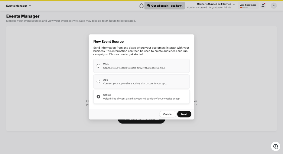 How to set up the Snap Pixel: Select the event source type. You can decide to track what happens on your website, on your app, or offline events (e.g. in-store sales tracked via your CRM)