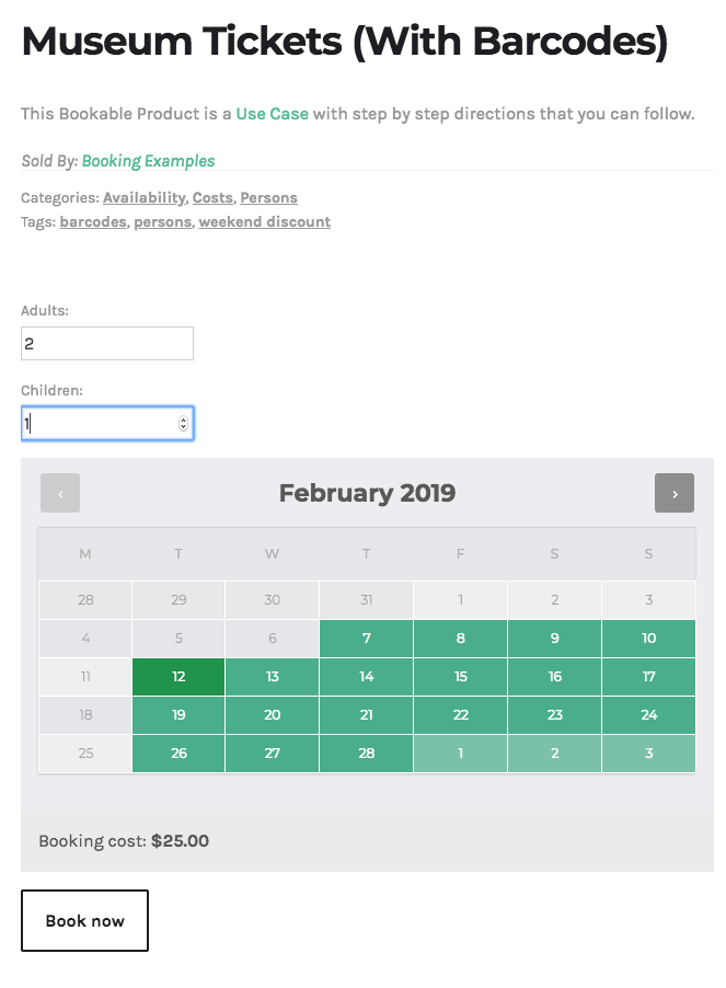 Bookings Use Case - Museum Tickets - Customer View of Product Page