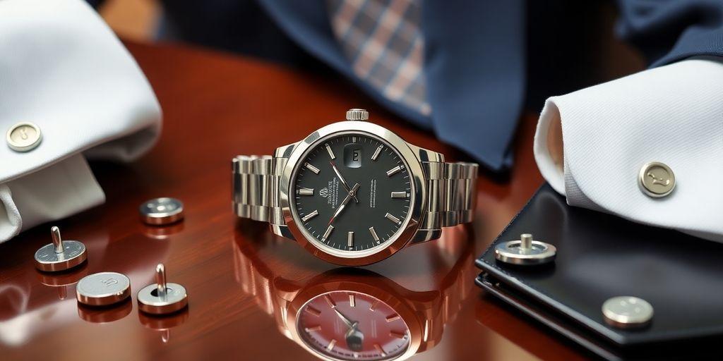 Elegant Rolex watch on a desk with business attire.