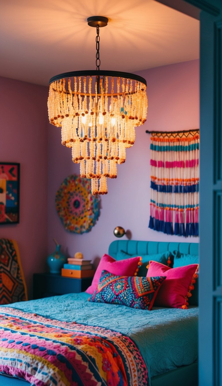 An eclectic boho bedroom with a beaded chandelier as the focal point, casting a warm and inviting glow over the vibrant and colorful decor