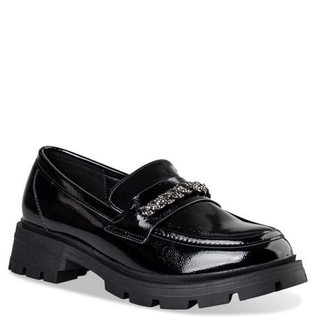 A black shiny shoe with a jeweled buckle

Description automatically generated