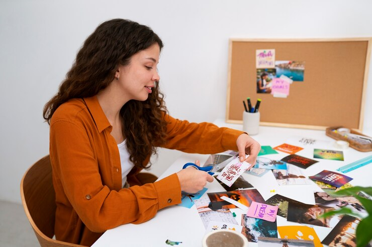 A woman creating inspiring vision board