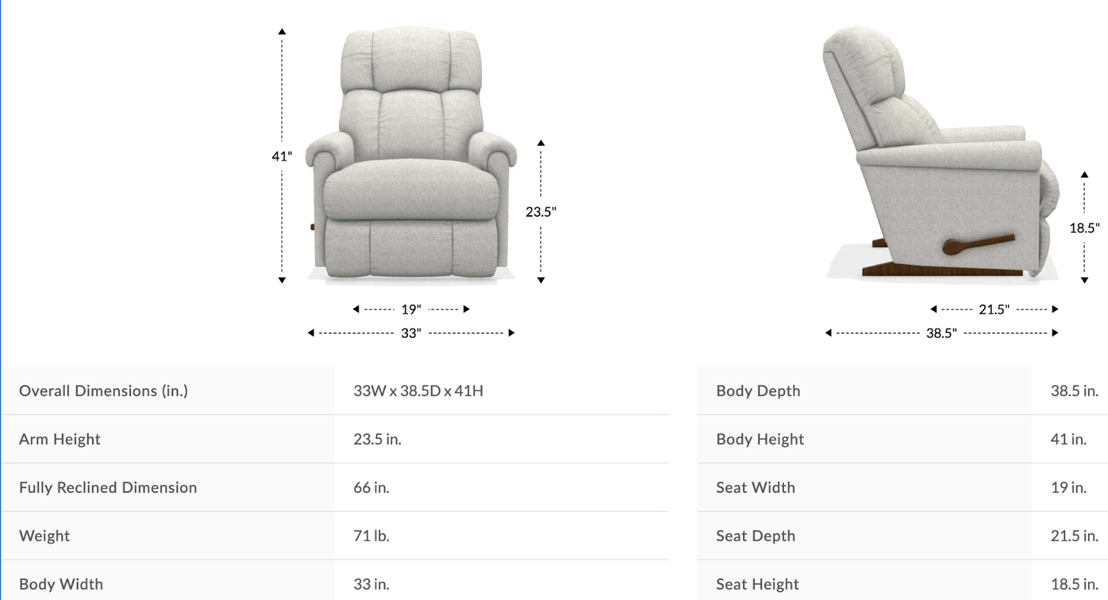 pinnacle rocking recliner dimensions