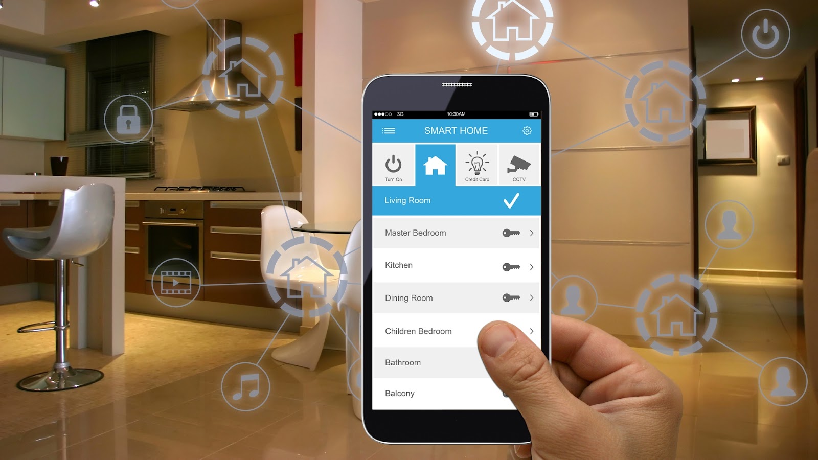 A smart home app is used to control home security features in a modern kitchen.