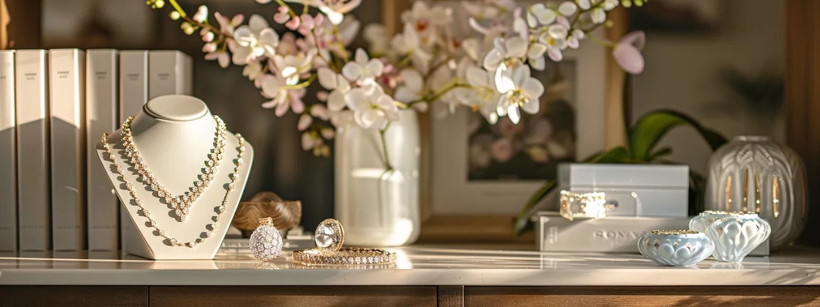 a beautifully arranged display of elegant customized jewelry pieces, including a stunning engraved bracelet and a delicate necklace, set against a chic, modern office backdrop that conveys the sentiment of meaningful gift-giving for special occasions.