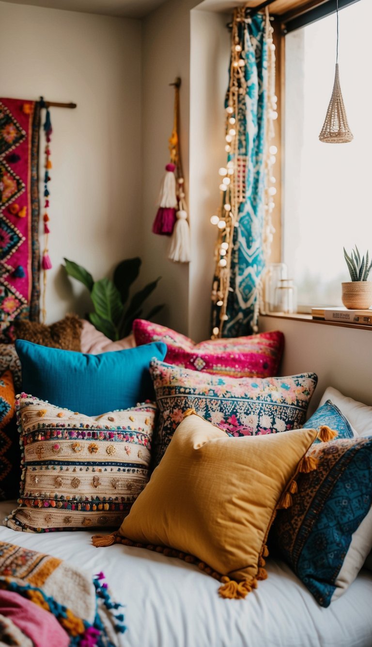 A cozy boho bedroom adorned with an eclectic mix of colorful and patterned cushions, creating a relaxed and inviting atmosphere