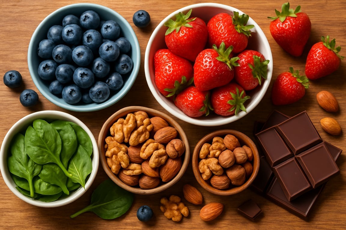 Un aranjament de alimente bogate în antioxidanți - afine, căpșune, nuci și alune, verdețuri și ciocolată