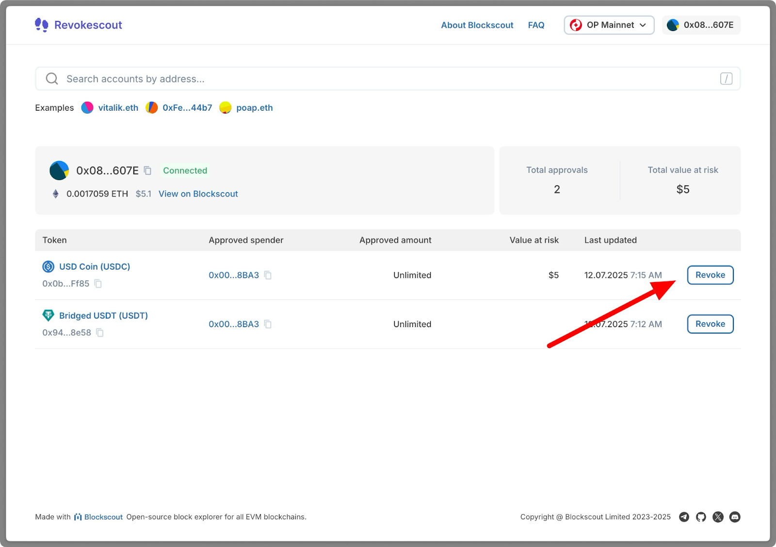 Revokescout dashboard displaying active token approvals, wallet balance, approved spenders, and option to revoke access to USDC and USDT tokens on OP Mainnet