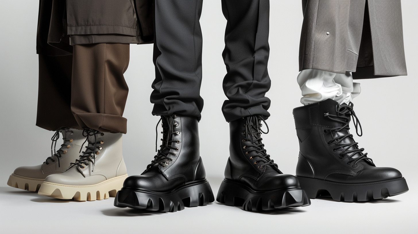 Statement dress boots and chunky derby shoes with thick soles, worn with cropped tailored trousers for a rugged but polished prom style. Fashion-forward, youthful, edgy.